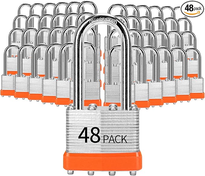 Padlocks Keyed Alike, Pack of 48, Laminated Steel Keyed Lock (1-9/16", 40mm), Padlocks with Same Key, Long Shackle, for Toolbox, Locker & StorageUnit or More
