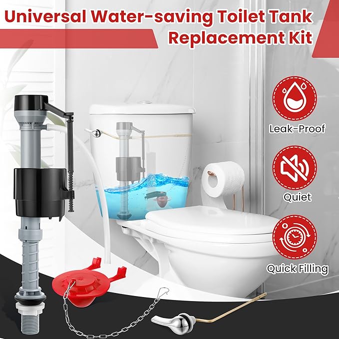 Saillong Universal Toilet Flusher Replacement Kit, Fill Valve, 2-Inch Flapper, Side Mount Handle Lever, Water-Saving, Adjustable Toilet Repair Kit Inside Tank, Easy to Install(1 Set,Black, Red)