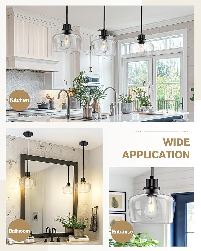 Emak Modern Black Pendant Lights, 8 Inch Kitchen Pendant Lighting Over Island with Clear Glass Shade, Farmhouse Hanging Lights for Kitchen, Bathroom, Bedroom, Dining Room, PL122-BK-CG