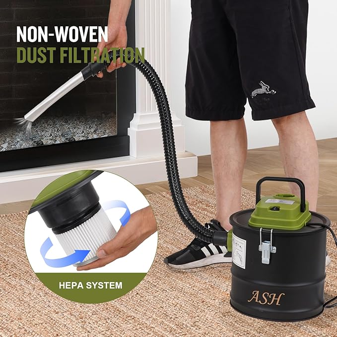 Ash Vacuum Cleaner -2.6 Gallon Fireplace Ash Vac with 800w Powerful Hose Non-Woven Dust Separator | Dry Stove Vacuum for Fireplaces Pellet Grill Wood Stove Fire Pits Green