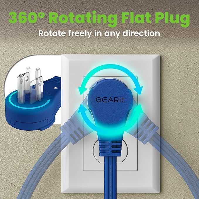 GEARit 360 Rotating Flat Plug Extension Cord with 3 Outlets (15ft, Navy) 16AWG/13A 3 Prong Wire, Outlet Saver for Home Office Dorm Room Essentials, ETL Certified