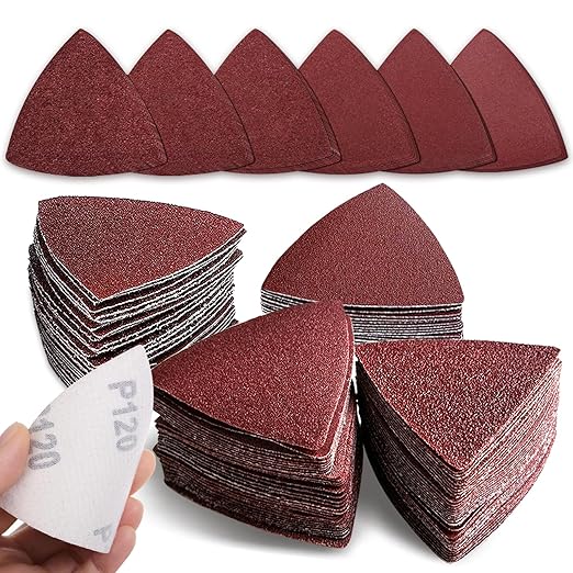 100pcsTriangle Sanding Paper Set, 60-240 Grit, Fits 3-1/8" Oscillating Tools - Aluminum Oxide Hooks & Loop for Wood, Metal, Drywall