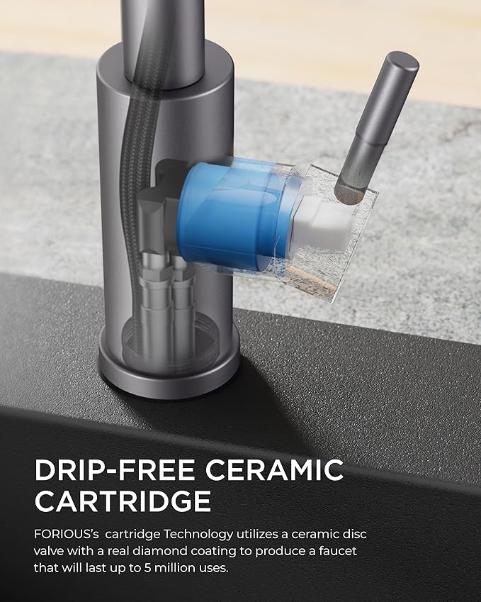 FORIOUS Kitchen Faucet with Pull Down Sprayer, Stainless Steel Commercial Single Handle Classic Spring Pull Out Sink Faucet for Pot Filler, Farmhouse Camper Bar Laundry Room, Grey