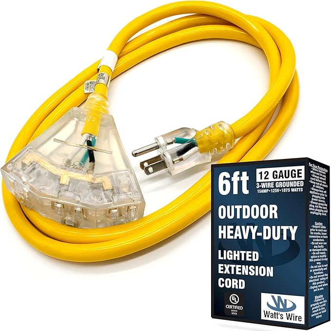 Outdoor Extension Cord Waterproof (6 ft) 12 Gauge Heavy Duty Extension Cord Splitter - Lighted Outdoor Extension Cords with Multiple Outlets - Watts Wire - 6' Grounded - extensiones electricas