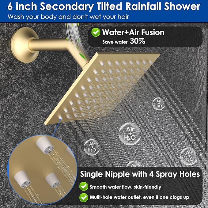Enga 10 Inch + Dual 6-Inch Rain Shower System, Four Modes Diverter Shower Faucet with Handheld, Luxury Rain Mixer Shower Combo Set, Brushed Gold
