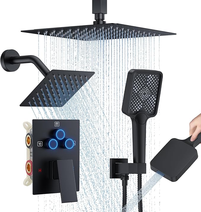 Shower Faucet Set, 10" Ceiling Mount Rainfall Shower System with 10'' Top Head+6'' Side Head and Multi-function Handheld Head Push Button Diverter Shower Faucet Trim Kit Matte Black