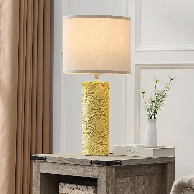 25.25" Ceramic Lamps Set of 2 for Living Room, Bedroom, Yellow Flower Table Lamps Set of 2 for Buffet, Ceramic Bedroom Lamp for Nightstand, Farmhouse Lamp for Console Table, Credenza