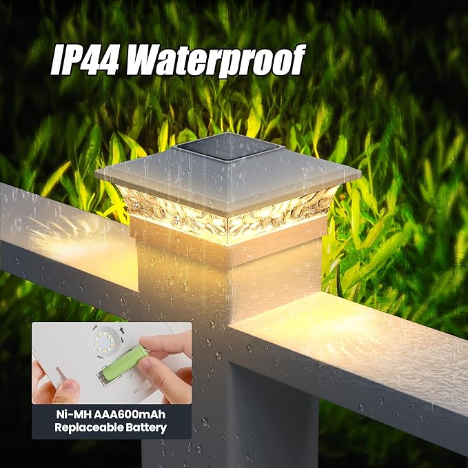 APONUO Deck Post Lights Solar Powered 6 Pack, Waterproof Outdoor LED Deck Lights for 4x4, 5x5, 6x6 Fence Posts, Warm/Cool White Light, All-Night Lighting, Auto On/Off, Patio Garden Yard Decor