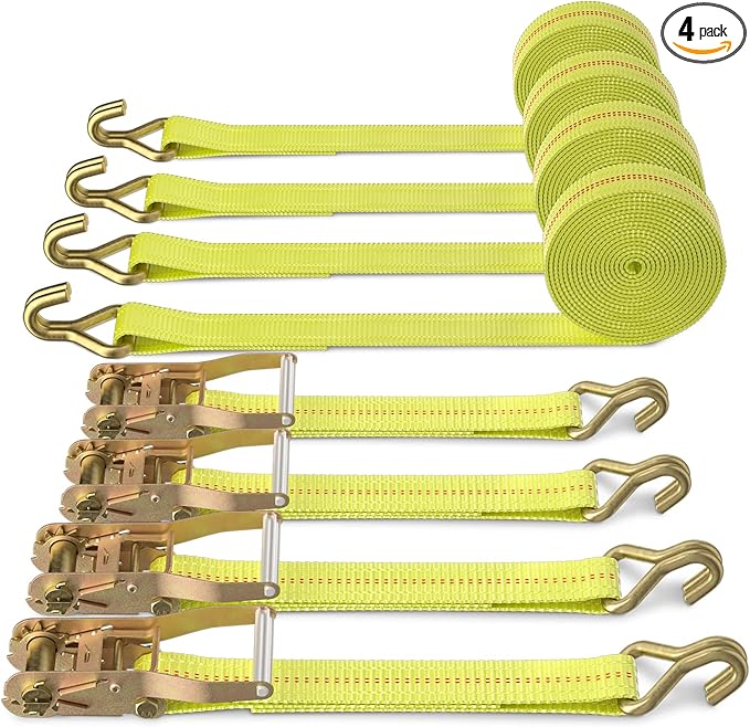 Ratchet Tie Down Strap - 4 Pack 2" x 27' Heavy Duty Ratchet Straps with Aluminum Handle, Cargo Straps for Moving Appliances, Lawn Equipment, Motorcycle in a Truck Yellow