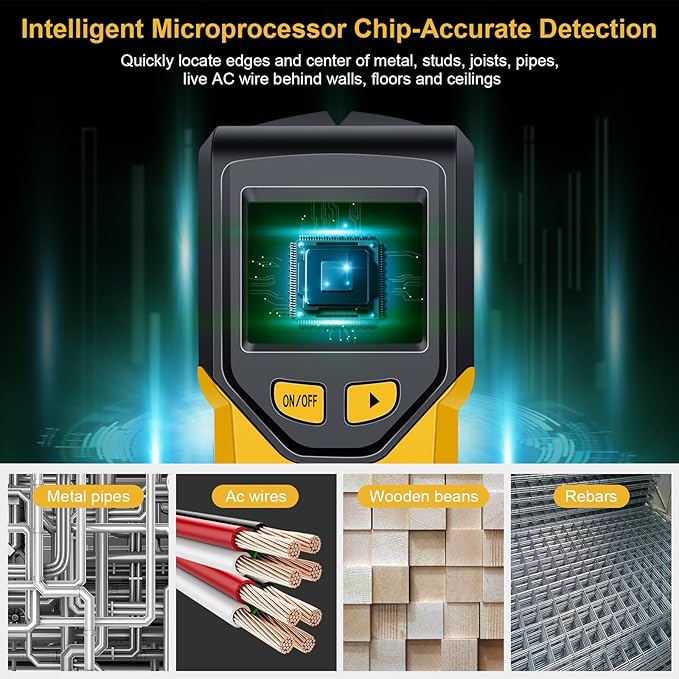 Stud Finder Wall Scanner - 5 in 1 Stud Finder Tool w/Microprocessor Chip and HD LCD Display, Stud Detector Beam Finders for the Center and Edge of Wood AC Wire Metal Studs Joist Pipe (Yellow Pear)