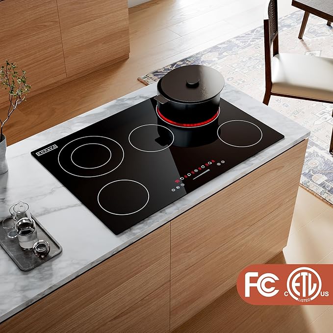 Empava 36 Inch Electric Ceramic Cooktop, 5 Radiant Burners with Dual-Ring Rear Zones & 100W Warmer, Touch Slider Controls, Stop & Go, Child Lock, Built-in, ETL Certified