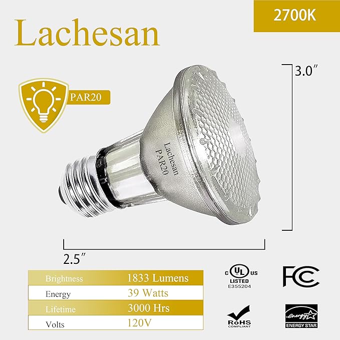 PAR20 Flood 39W 120V 480 Lumens Flood Light Bulbs, 6 Pcs PAR20 Range Hood Light Bulb with Dimmable E26 Base, Dimmable 2800K Warm White, Long Lasting for Indoor Spotlight, Range Hood, Recessed