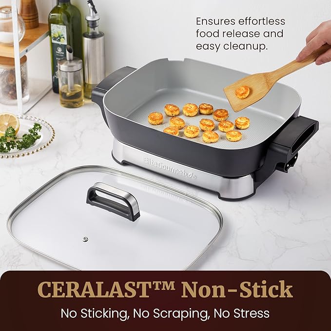 Elite Gourmet EG4403 15" x 12" x 3” Stow-Away Foldable Electric Skillet, Ceralast™ Ceramic Non-stick, 1500W Rapid Heat, Dishwasher Safe Pan & Lid, Black/Gray