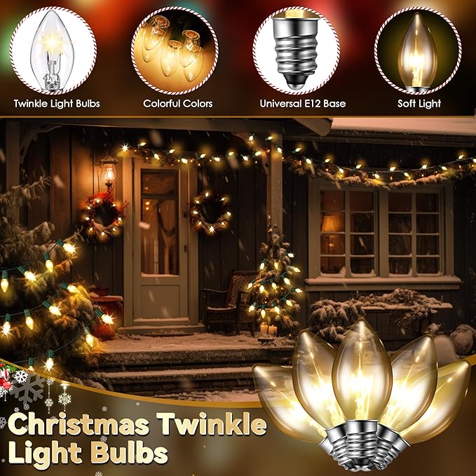 25 Pack Twinkle Christmas Replacement Bulbs, 7W Random Blinking Light Bulbs for Christmas String Light, Nightlights(Clear Twinkle,C7,E12 Intermediate Base)