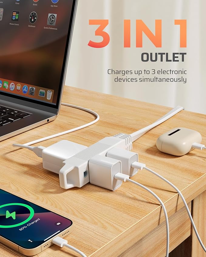 DEWENWILS 10FT Flat Plug Extension Cord, 3 Prong Ultra Thin Power Strip, 360° Rotating Plug, 13A/125V/1625W, 16 Awg Grounded Flat Power Cable for Indoor Narrow Space, SPT-3, ETL Listed, White