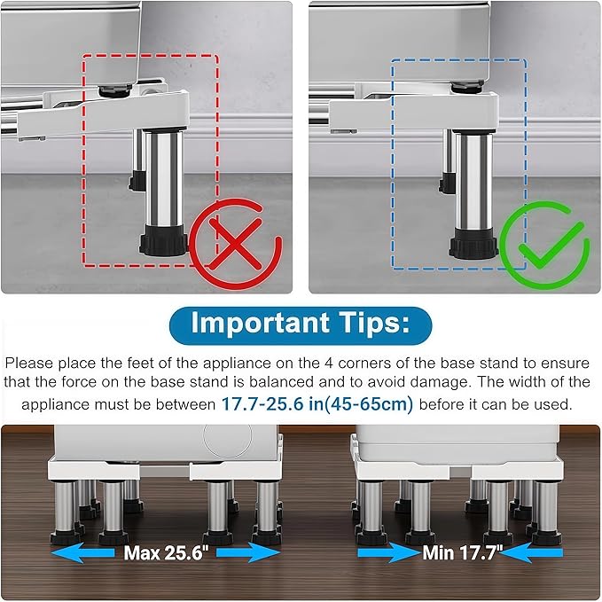 SEISSO Mini Fridge Stand Height 7"-8.2". Upgraded 8 Heavy Duty Feet Adjustable Washing Machine Stand, Load Capacity 992LB. Refrigerator Stand, Washer and Dryer Stand for Home Width 17.7"-25.6"