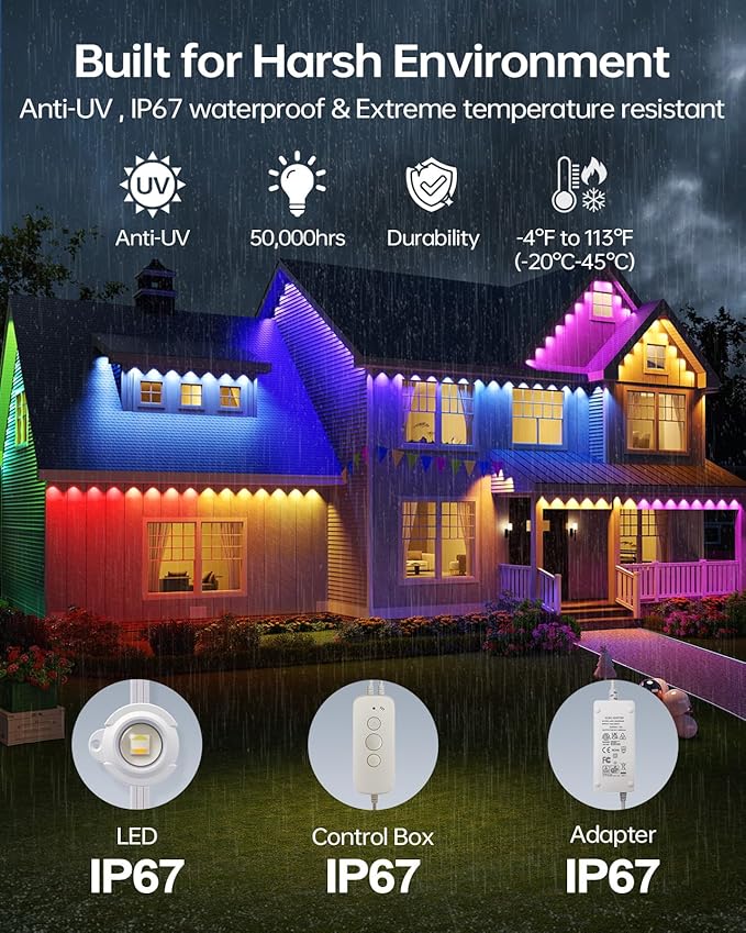 ASAHOM AI Permanent Outdoor Lights S107F, 400FT with 288 RGBCW LED Lights and Dual Output, 30,000 Lighting Effect Combination, IP67 Waterproof for House Halloween Christmas and Daily Decoration, White