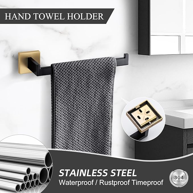 TURS 5-Piece Bathroom Hardware Set Black and Gold Towel Bar Sets Include 24 Inch Towel Bar Hand Towel Holder Toilet Paper Holder and 2 Towel Hooks,Stainless Steel Wall Mounted