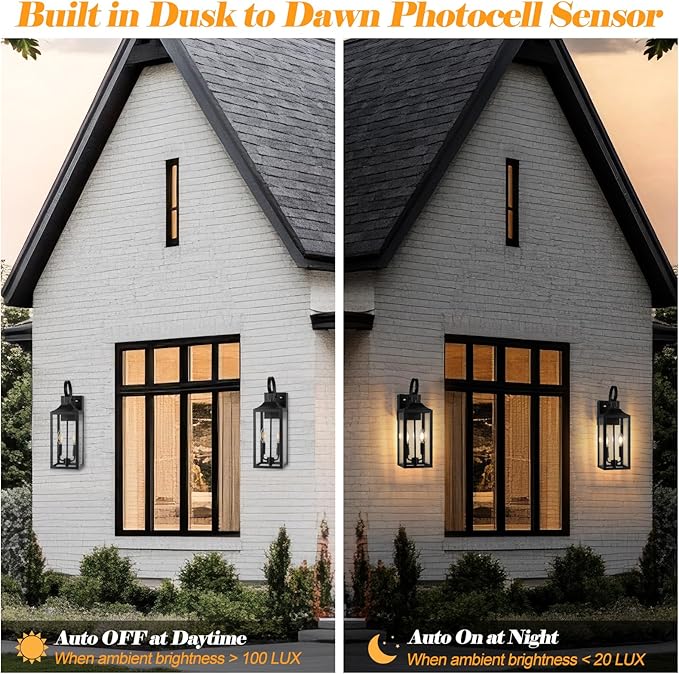 Large Porch Lights with GFCI Outlet, 19" Black Dusk to Dawn Outdoor Wall Lantern 2-Light, Exterior Lighting Fixtures with GFCI Outlet Built-in, Waterproof Outdoor Wall Sconce for House Front Door