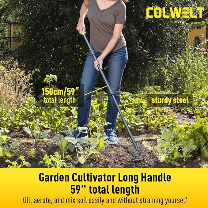 Colwelt 4 Tines Garden Cultivator Rake 59'', Hand Tiller Garden Tool with Sharp Forged Steel Head, Cultivators for Gardening with Long Handle, Garden Tiller for Digging Loosening Weeding