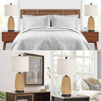 Touch Control Rattan Table Lamps, 3 Way Dimmable Bedside Lamps for Bedroom with 2 USB Ports and AC Outlet, Grass Rope Nightstand Lamps for Living Room Office (LED Bulbs Included)