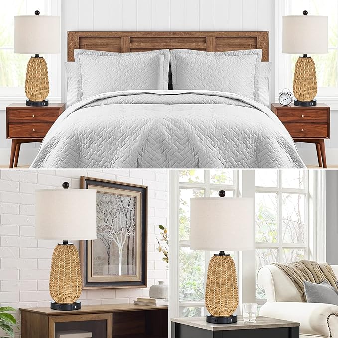 Touch Control Rattan Table Lamps, 3 Way Dimmable Bedside Lamps for Bedroom with 2 USB Ports and AC Outlet, Grass Rope Nightstand Lamps for Living Room Office (LED Bulbs Included)