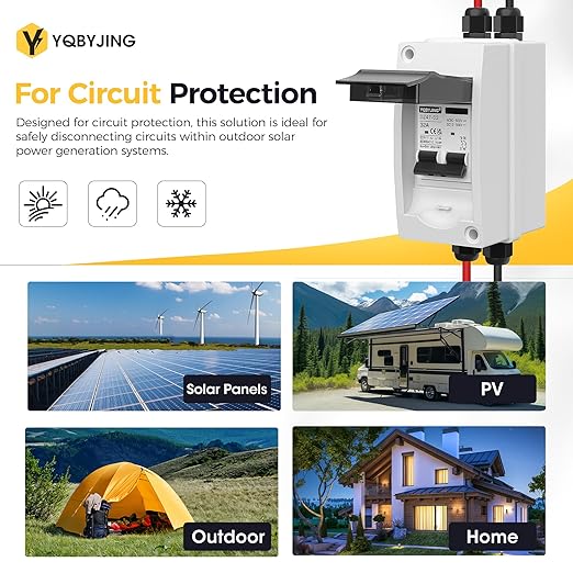 Solar Panel Disconnect Switch 32 Amp 4 Holes DC AC Miniature Circuit Breaker 500V 2 Poles with PV Connector and IP65 Waterproof UV-Proof Box for Outdoor Solar PV Homes Battery