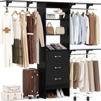 Closet System with Drawer - 8FT Wood Closet Organizer System with 3 Hanging Rods and Shelving Tower, 96" Walk In Closet Organizer Wardrobe, Heavy Duty Garment Rack Clothes Rack, Black