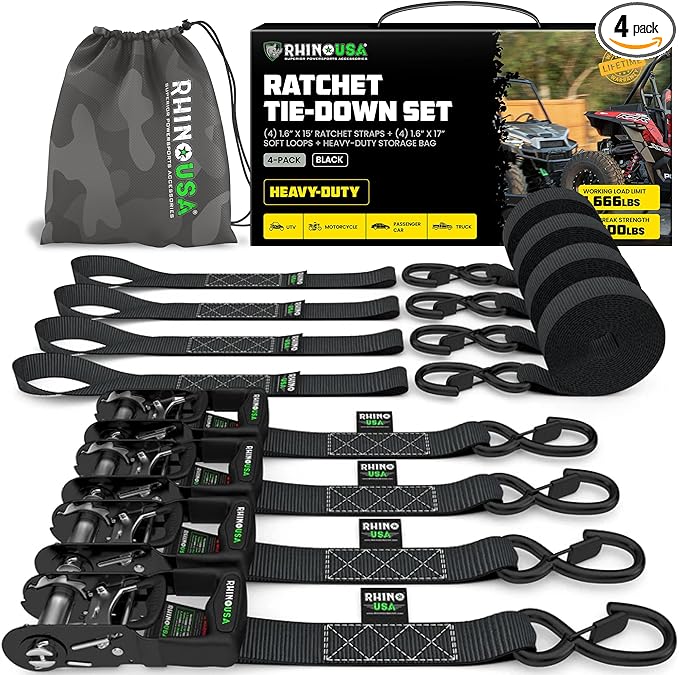 Rhino USA Ratchet Straps Heavy Duty Kit (4-Pack) - 1.6 Inch x 15 Feet (5,208lb Break Strength) - Ultimate Tie Down Straps with Safety S Hooks for Trucks, ATV, UTV, Motorcycle, Cargo & More - Black