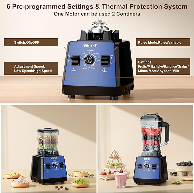 Blender, Smoothies Blenders, PRASKY Max.2400Watts/1000Watts Kitchen Blender and Grinder Combo 25000RPM Powerful Kitchen 68oz BPA Free 2 Containers Countertop Blenders Ice Crushing (Blue)