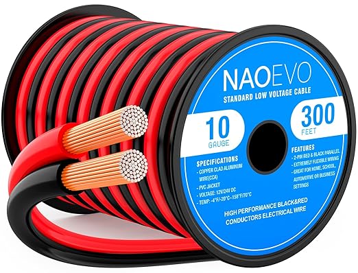 NAOEVO 10 Gauge Wire 300FT, 2 Conductors Electrical Wire Red Black Cable, Flexible/Low Voltage/PVC 10 AWG Copper Clad Aluminum Extension Cord for Speaker, LED Strips, Automotive 12V/24V DC