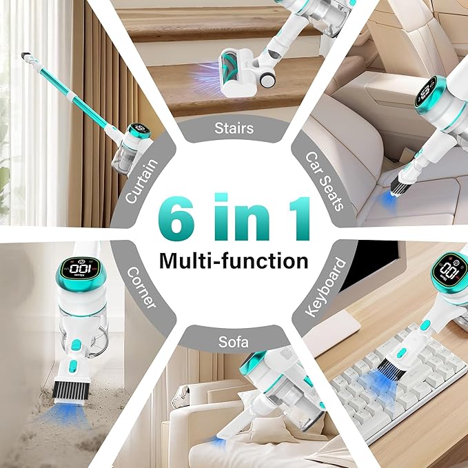 Tikom V500 Cordless Vacuum Cleaner for Home, 40000Pa/450W Stick Vacuum with LED Touch Screen, Charging Wall Dock, Anti-Tangle, Lightweight Handheld Vacuum for Pet Hair, Hard Floor, Carpet, Blue