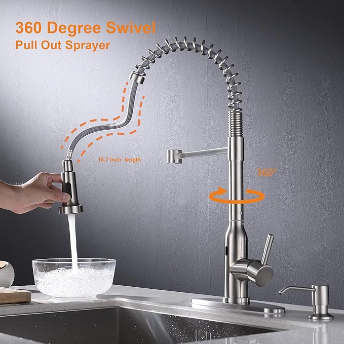 Touchless Kitchen Faucet,KEER Smart Motion Sensor Hands Free Single Handle Spring Kitchen Sink Faucet with Pull Down Sprayer,Brushed Nickel