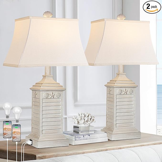 Hamucd Coastal Table Lamps Set of 2, Beach Living Lamps for Bedroom with USB A+C, Washed White Modern Resin LED 3-Color Temperature Bedside Nautical Decor, Nightstand Tropical Lamps for End Table.
