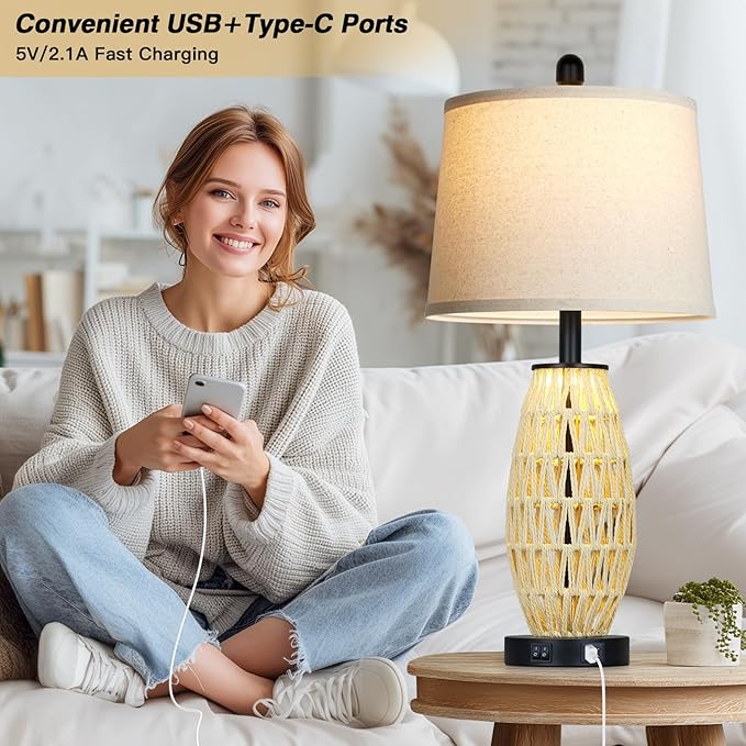 27“ Beige Boho Rattan Table Lamps with Night Light, Natural Bedroom Lamps Set of 2 with USB A+C Charging Ports, Rustic Farmhouse Woven Wicker Bedside Nightstand Lamp for Living Room End Tab