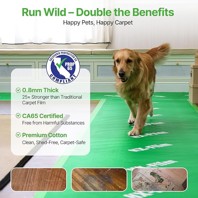 39" x 50' Heavy-Duty Floor Protection | Construction Grade Carpet Protector | Drop Cloth Plastic Film for Hardwood Floors | Waterproof Painters Covering with No Residue (Green)