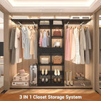 Unikito 58 - 90 Inch Closet System, Large Walk in Closet Organizer with 3 Hanging Rods and Shelves, Heavy Duty Wood Closets Wardrobe with 2 Drawers & Shoe Rack, Sturdy Reversible Clothing Rack, Black