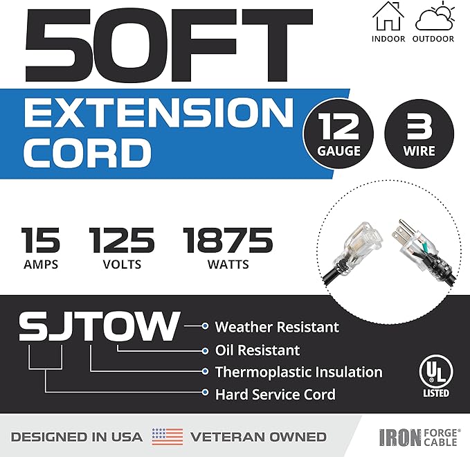 Iron Forge Cable Oil Resistant 12 Gauge Extension Cord 50 ft, 12/3 SJTOW 50 Foot Heavy Duty Extension Cord Outdoor 3 Prong, 15 Amp Power Cable Black Great for Major Appliance, Farms & Ranches