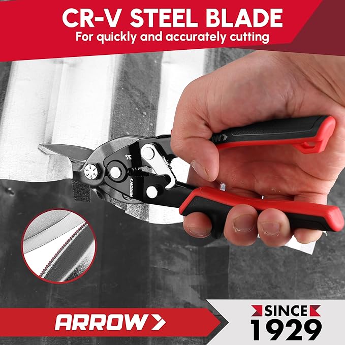 ARROW 8-inch Tin Snips for Cutting Metal Sheet, CR-V Steel Aviation Snips, High Leverage Labor-saving Metal Cutter, Left Cut