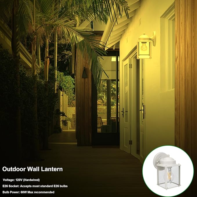 LIT-PaTH Outdoor Wall Lantern, Wall Sconce as Porch Lighting Fixture, E26 Medium Base, Aluminum Housing Plus Glass, Bulbs NOT Included, 2-Pack, White Finish
