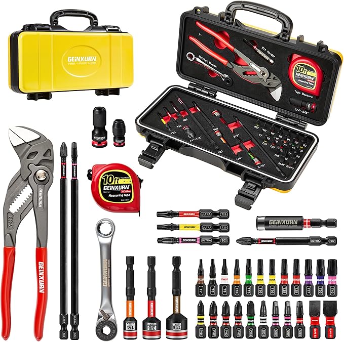 38Pcs Tools Set Packaged with Heavy-duty Tool Box, Include Screwdriver Bits, Nut Driver, Mini Ratchet Wrech, Quick change adapter,Tape Measure,Pliers Wrench and Bit Holder for Home Repairs