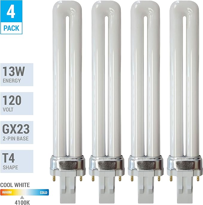 KOR (4 Pack) K22195 - PLS13W/2P/841 - Compact Fluorescent Plug-in - T4 - Single Tube - 13 Watt - 2-Pin (GX23) - 4,100 Kelvin (Cool White)