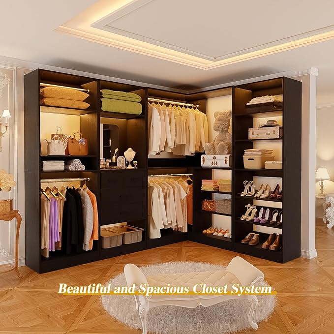 Unikito 110” Closet System with Drawers, Corner Closet Organizer with 4 Hanging Rods and Mirror Design, 9.3FT Reversible Large Wood L Shaped Walk in Closets Wardrobe with Shoe Shelves, Set of 4, Black