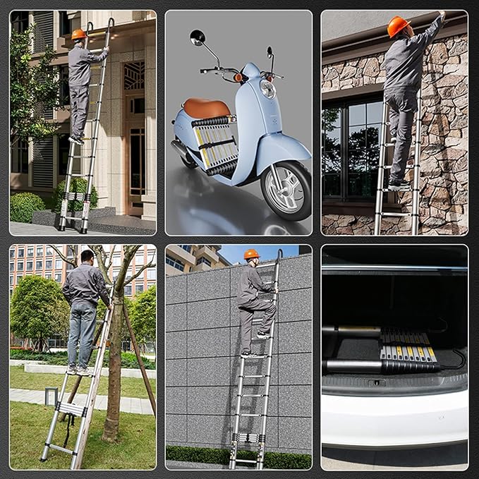 Molong 10.5ft telescoping Ladder Multi-Purpose Collapsible Ladder with Hook, Aluminum Extension Ladders for Home, Folding Telescoping Ladder for RV, Attic, Daily Use at Home, 330 lbs