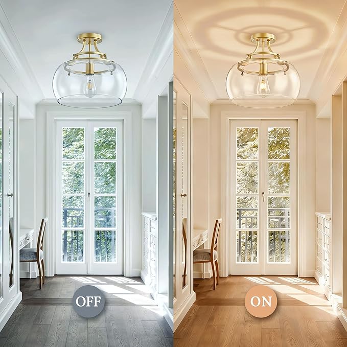 Industrial Round Chandelier Rustic Ceiling Light Fixture Farmhouse Pendant Light with Clear Glass Shade for Dining Room Hallway Entryway Kitchen Bedroom, Gold