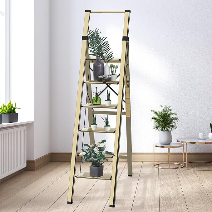 6 Step Ladder, Portable Step Ladder with Handrails, Folding Step Stool for Adult, Aluminum Step Ladder for Closet, Kitchen, Outdoor, 330LBS - Champagne Gold