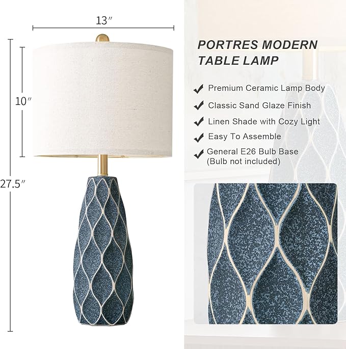 27.5" Ceramic Table Lamps for Living Room Bedroom Lamps Set of 2 Modern Boho Bedside Lamps Night Stands Farmhouse Vintage Large Nightstand Lamp Reading Light Home Office Dorm Desk Deco Gifts, Blue