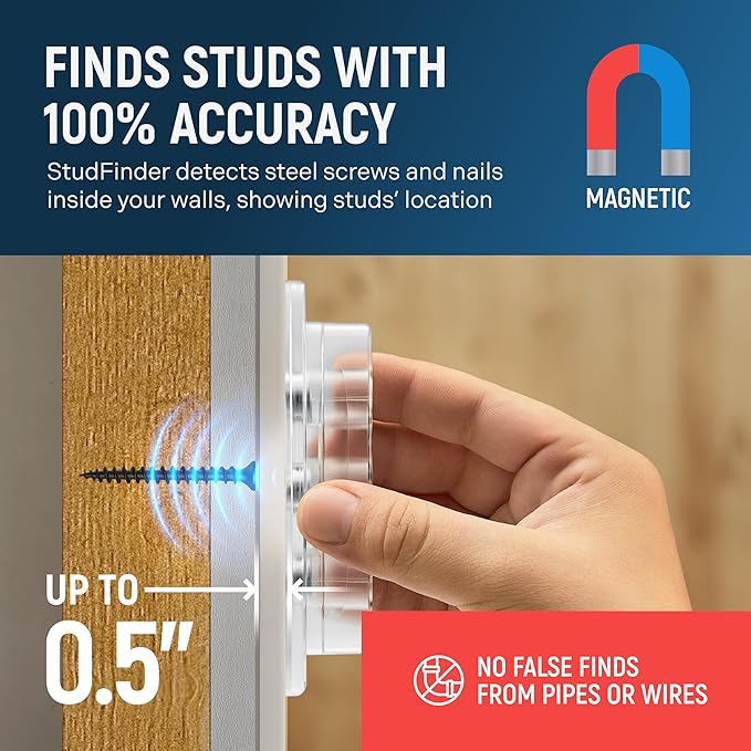 Powerful Magnetic Stud Finder (Upgraded Version) Reinforced with 3 Neodymium Magnets - Durable, No-Battery Stud Detector Tool – Deep Detection of Wood & Metal Studs in Drywall (Not for Plaster Walls)