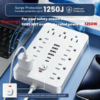 20 FT Flat Plug Surge Protector Power Strip,11 Multiple AC Outlets with 6 USB Ports (2 USB C), 20 Feet Extension Cord, 1250W/10A, One Touch Switch Button, White