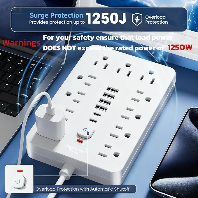5 FT Flat Plug Surge Protector Power Strip,11 Multiple AC Outlets with 6 USB Ports (2 USB C), 5 Feet Extension Cord, 1250W/10A, One Touch Switch Button, 17 in 1 Compact powerstrip-White
